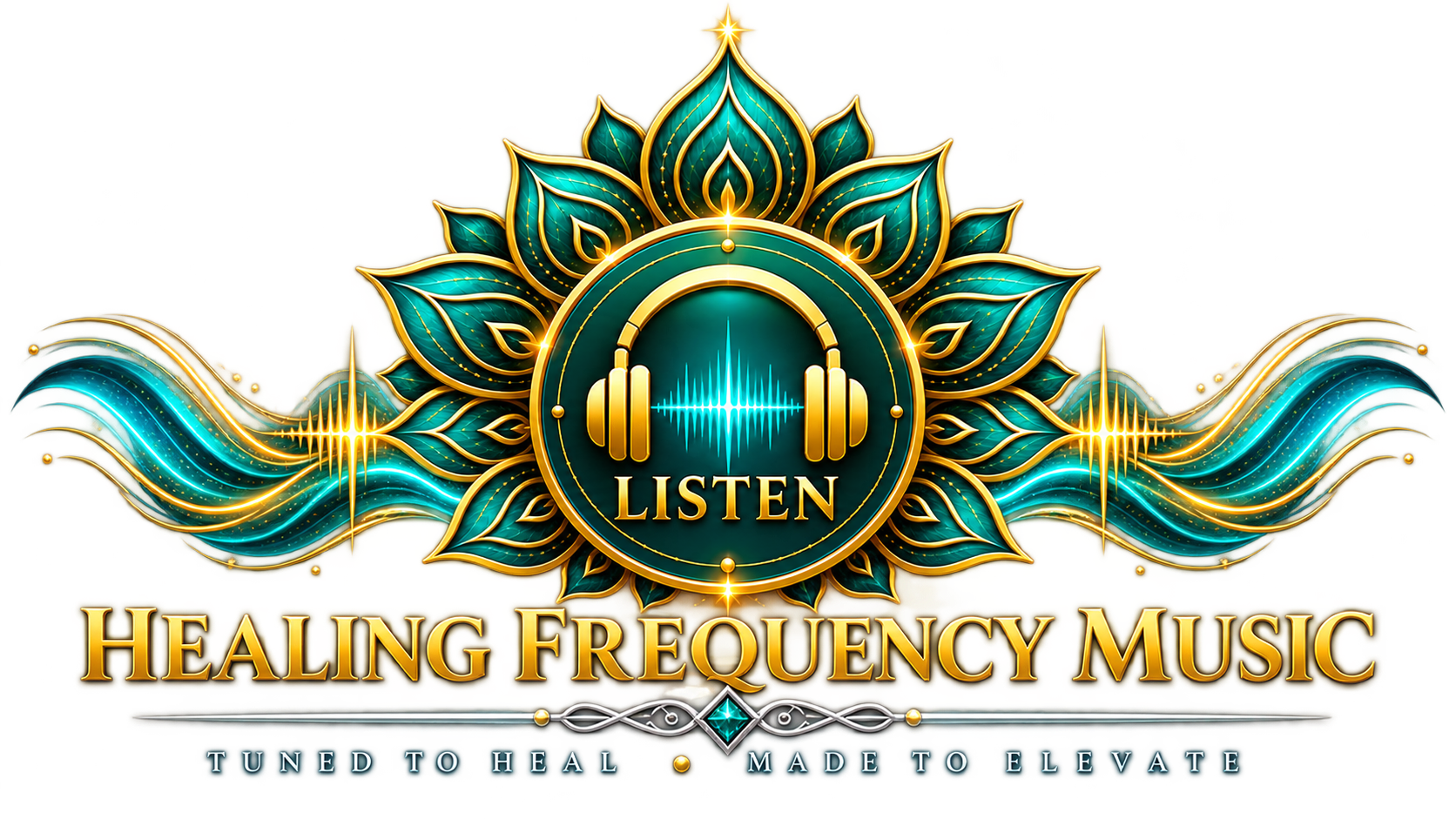 Healing Frequency Music teal and gold artwork with listening headphones and lotus design